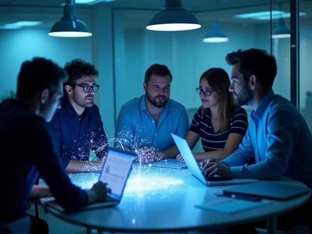 Team collaborating on a complex software integration project, symbolizing connection and innovation